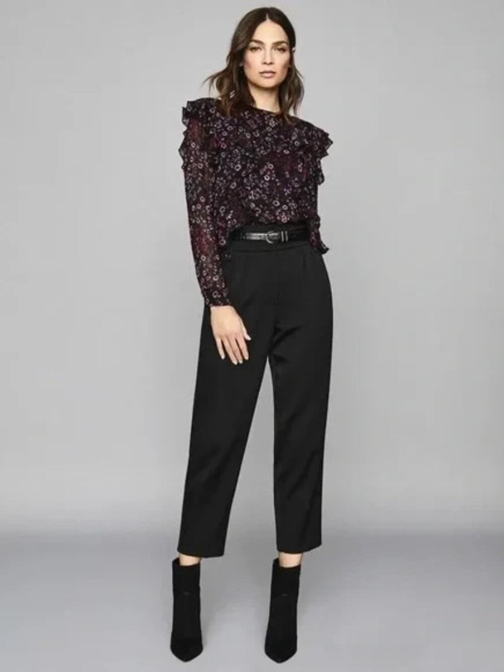 Reiss Faiza India Ruffle Pintuck Blouse in Fall Winter Floral Print | US 4
